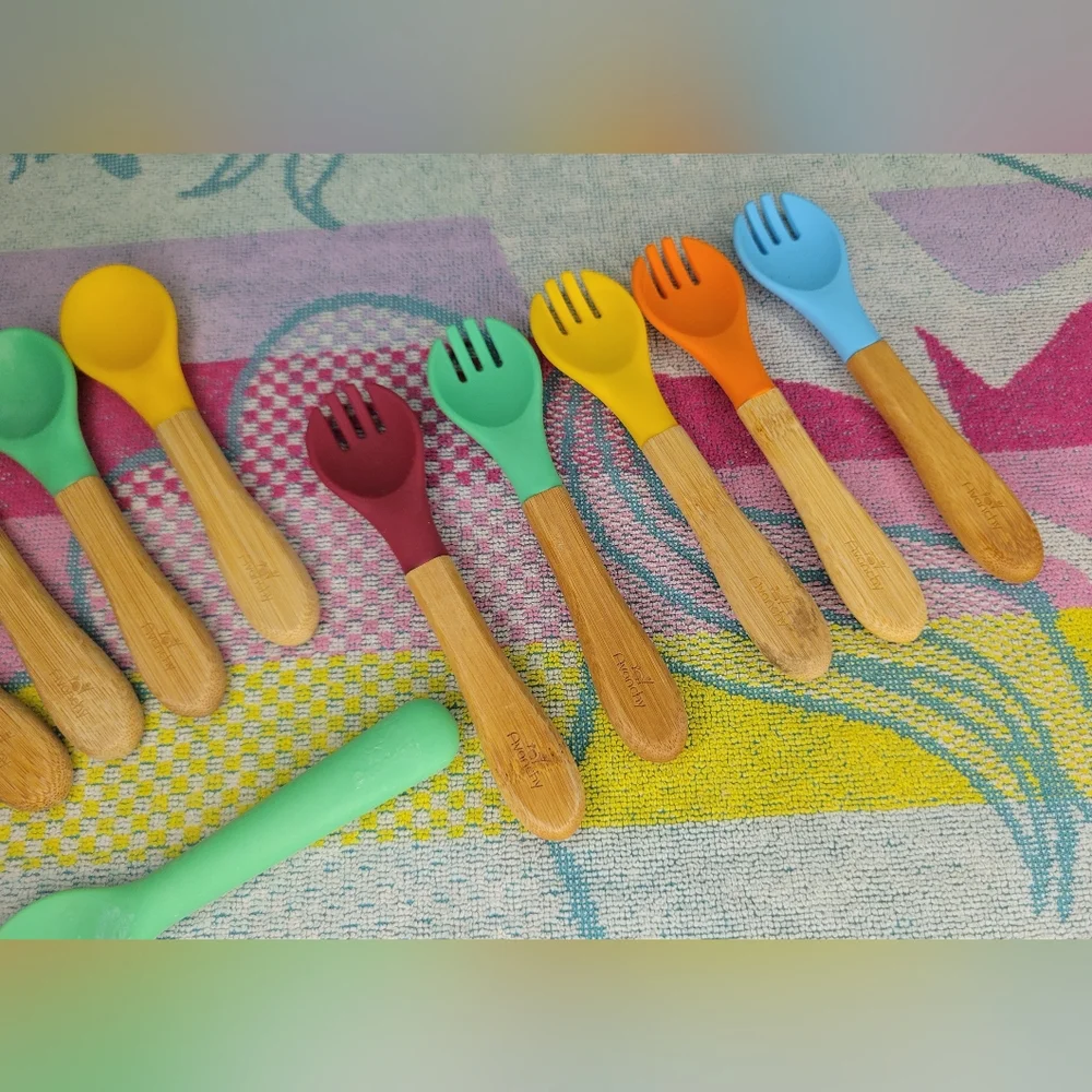 11pc Silverware Colorful Bamboo Handle Silicone Baby Spoon and Forks Set Avanchy